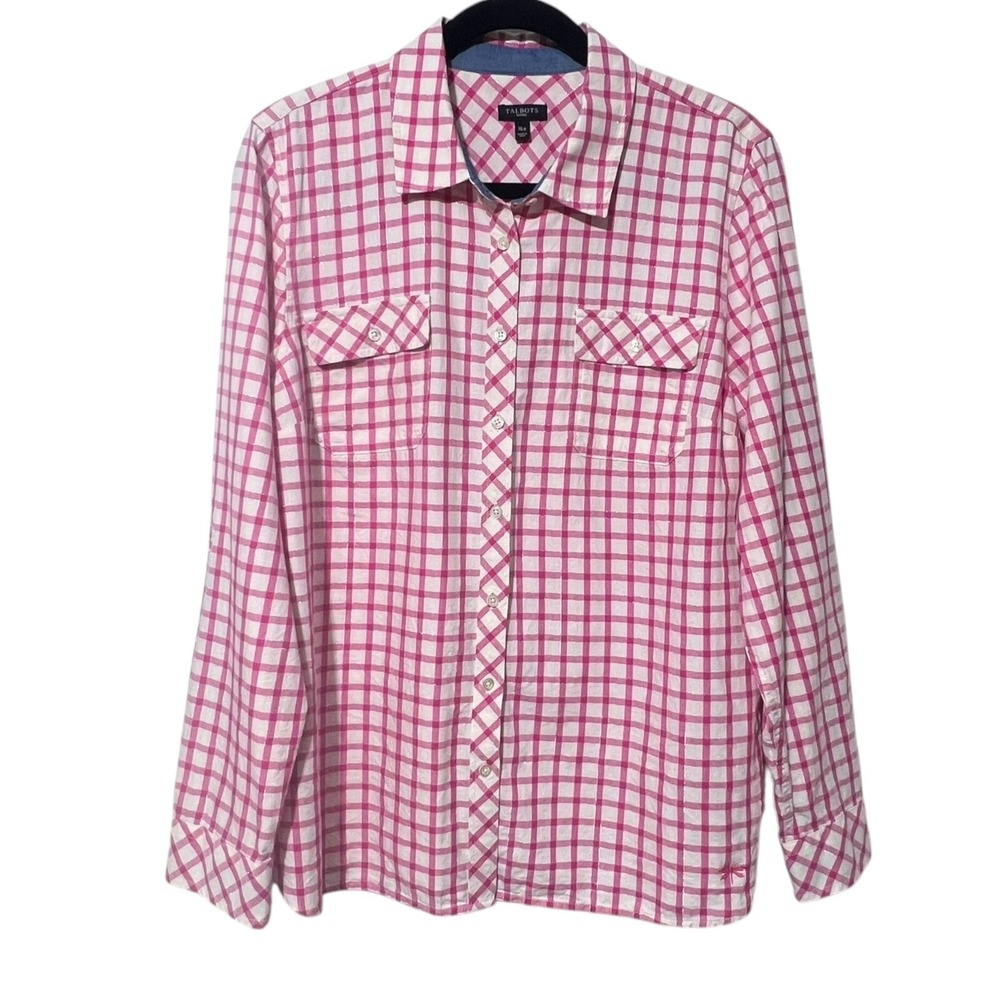 Talbots Petites XLp Pink White Plaid Metallic Button Down Shirt Dragonfly Logo